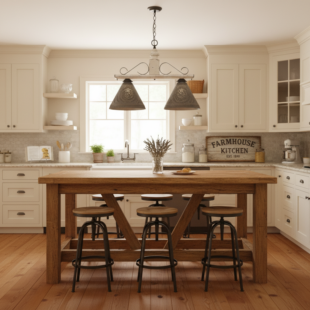 Kitchen with wooden table and stools, featuring a 'Farmhouse Kitchen' sign.