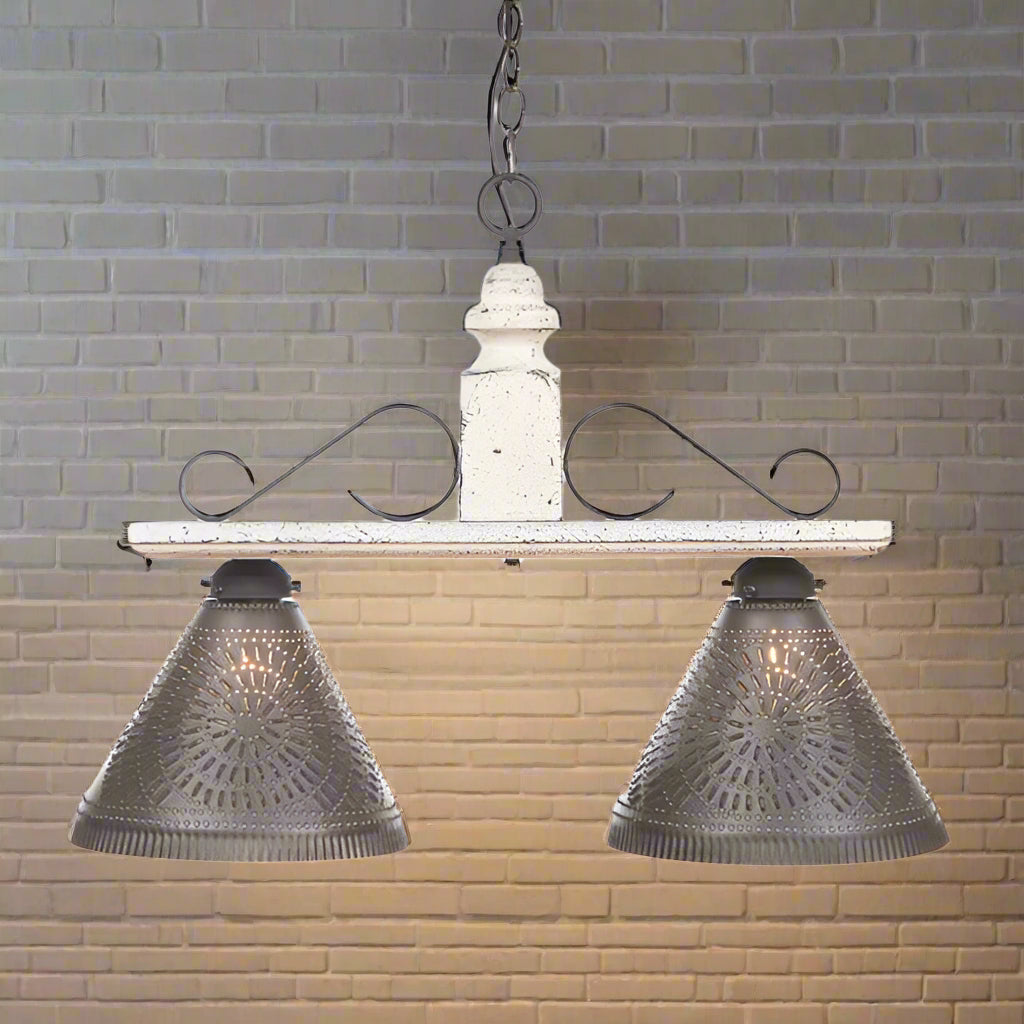 A vintage white medium-sized island light with wrought iron scroll brackets and Kettle Black shades, featuring two E26/Medium sockets.