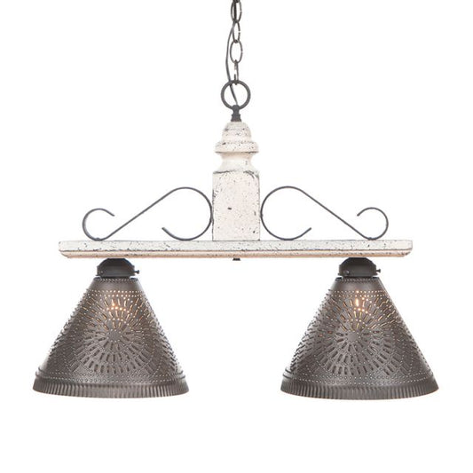 A vintage white medium-sized island light with wrought iron scroll brackets and Kettle Black shades, featuring two E26/Medium sockets.
