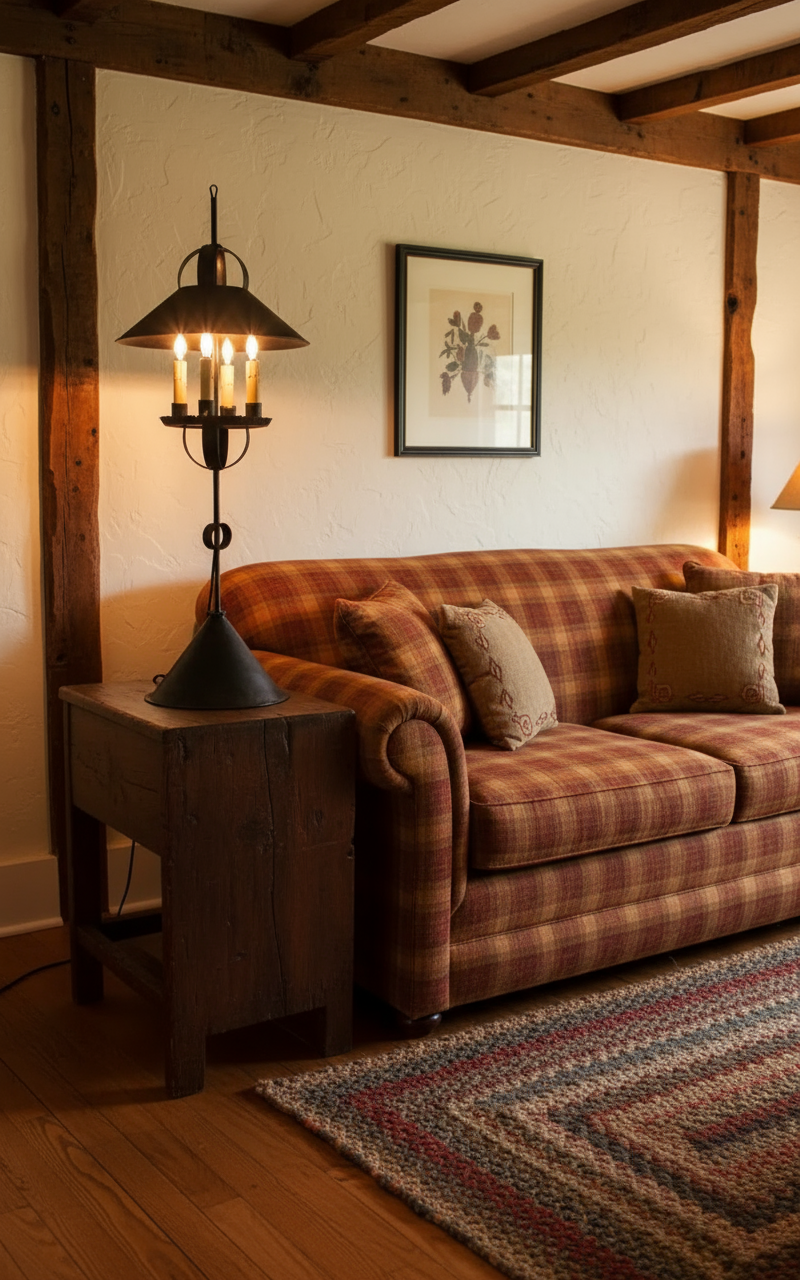 Cozy living room with plaid sofa, wooden floor, and framed picture on wall.