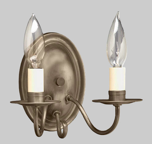 Brass wall sconce with two candle-style light fixtures on a gray background