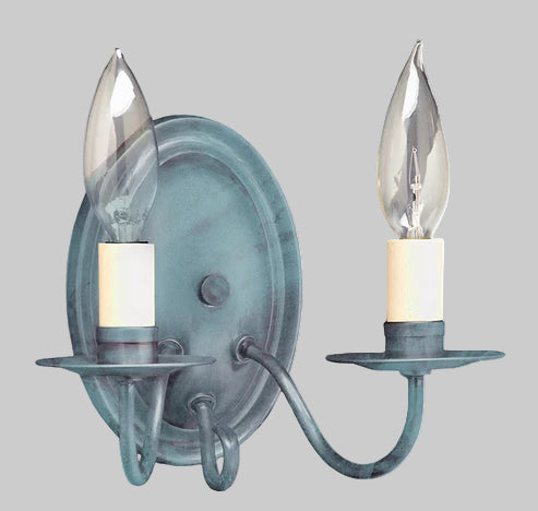 Wall-mounted light fixture with two candle-style lights on a gray background
