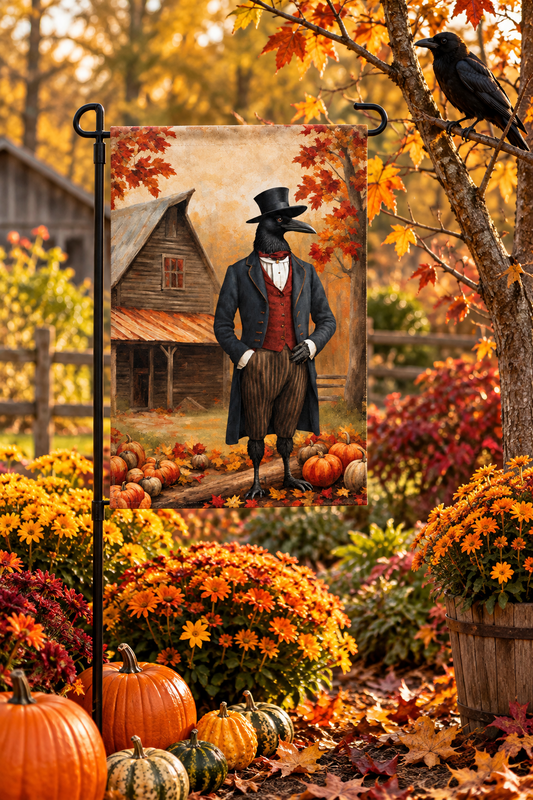 Garden flag on yard stake in fall garden next to a crow in a tree.