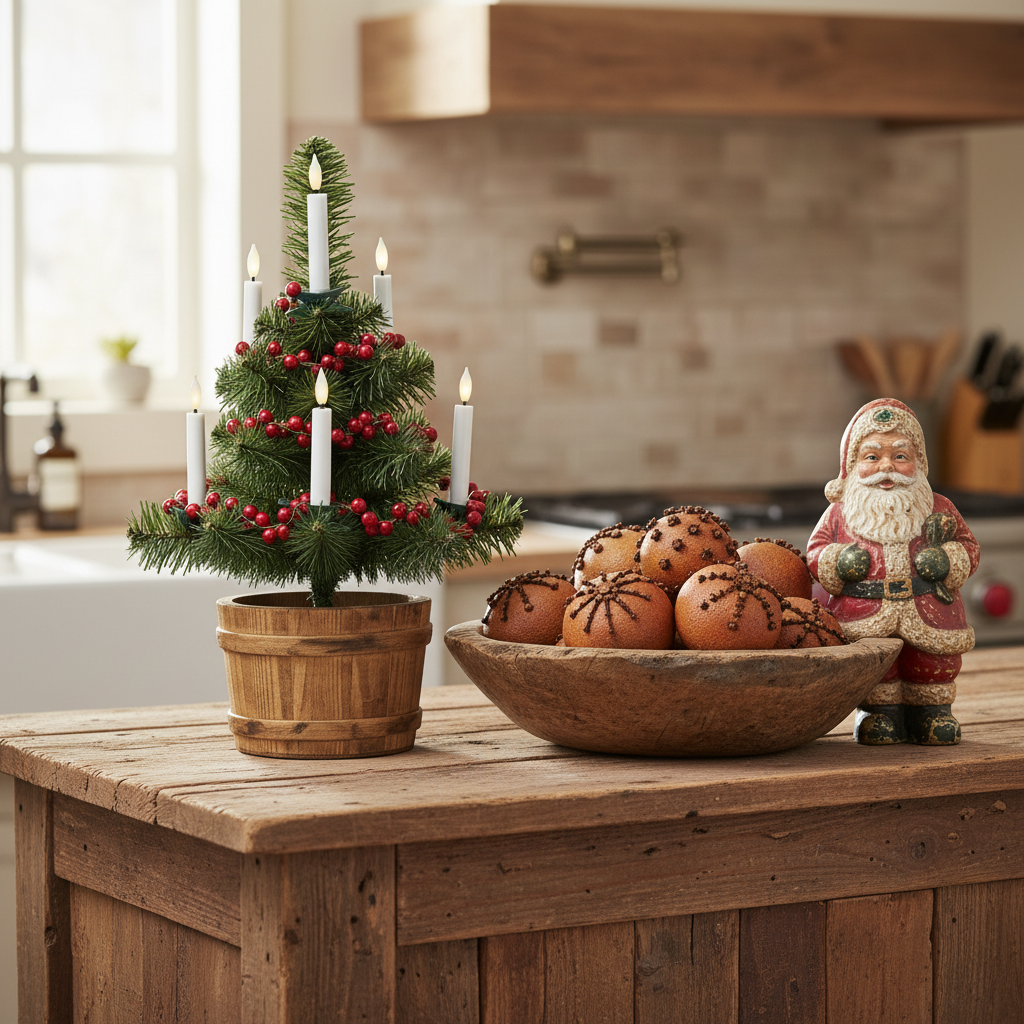 Decorative Christmas tree with candles, bowl of fruits, and Santa figurine on a wooden table in a kitchen.