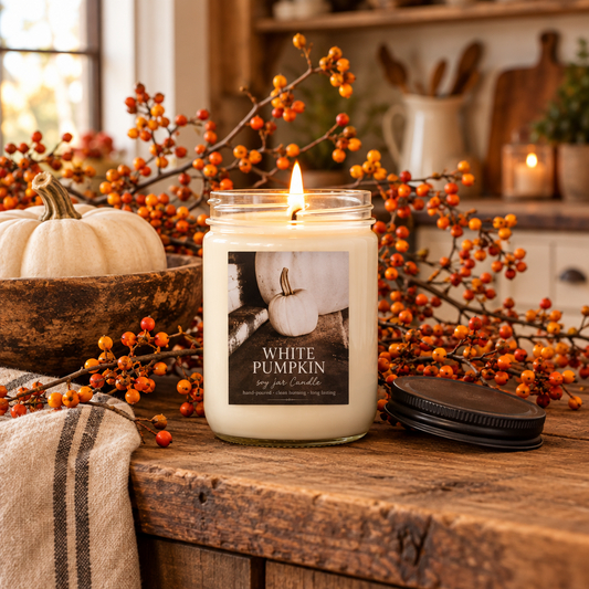A lit white pumpkin scented soy candle in a clear glass jar sits on a rustic wooden table, surrounded by fall decorations including orange berries, a white pumpkin, and a striped cloth. The black lid rests beside the jar.