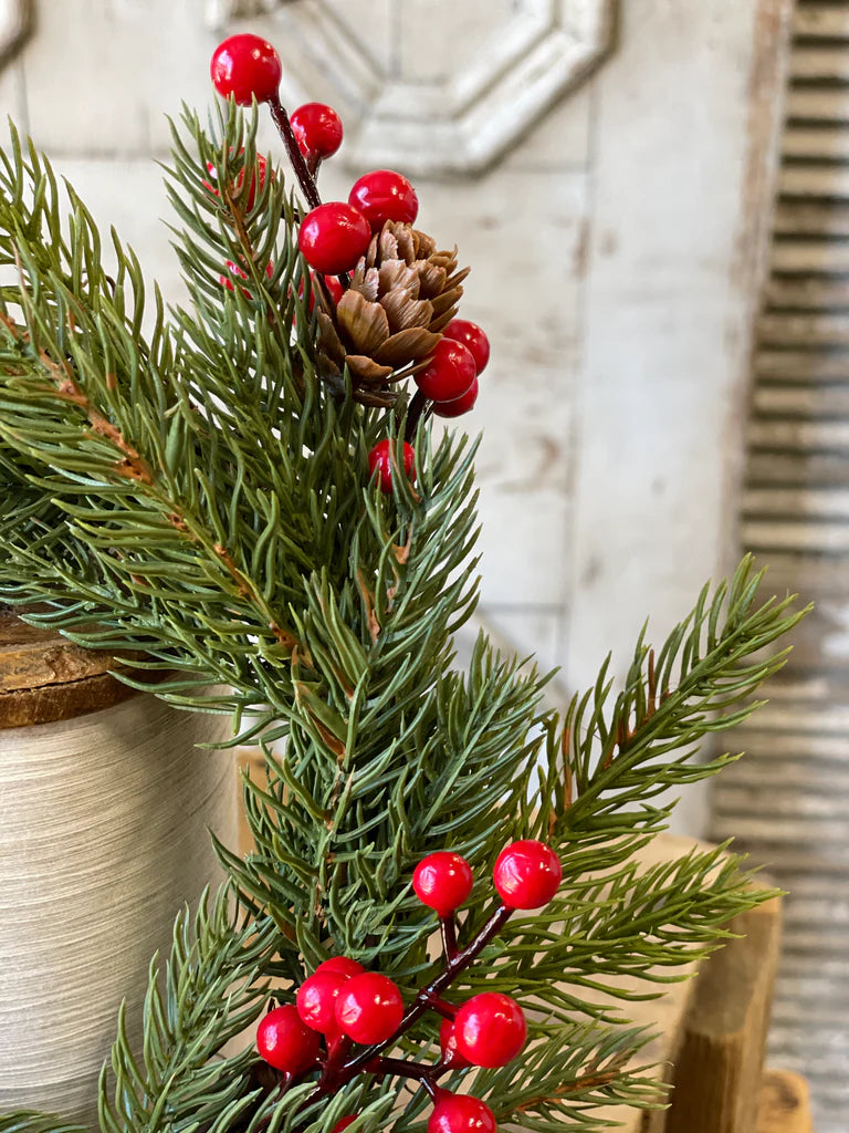 Decorative branch with red berries and pinecones on a neutral background