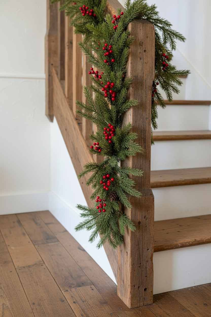 A green pine garland with clusters of red berries draped over a rustic wooden staircase railing in a home interior.