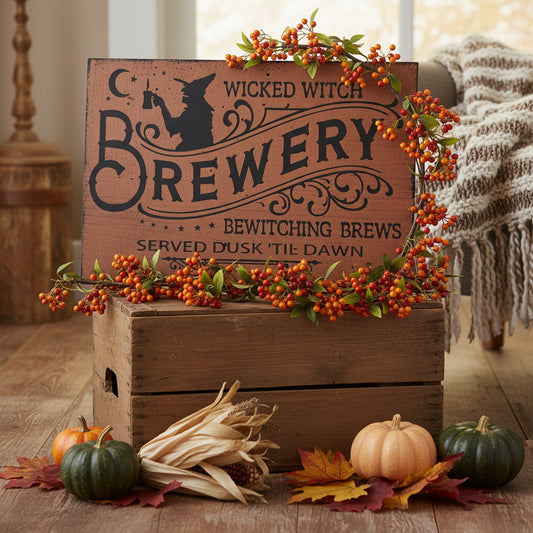 Wooden sign with 'Wicked Witch Brewery' design on a wooden background with bittersweet and pumpkins