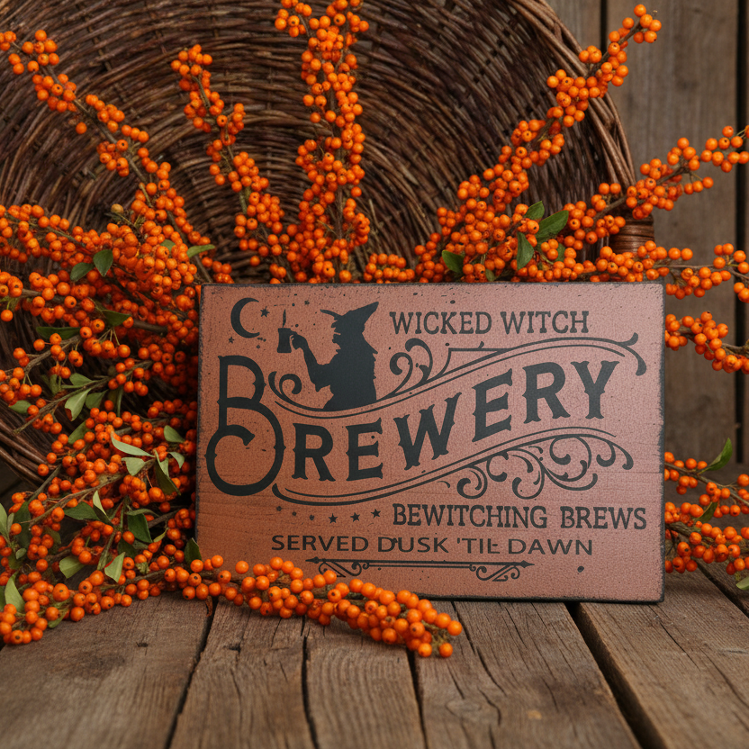 A rustic wooden sign reading 'Wicked Witch Brewery Bewitching Brews Served Dusk 'Til Dawn' styled on a wooden surface with orange berries and a wicker basket in the background.
