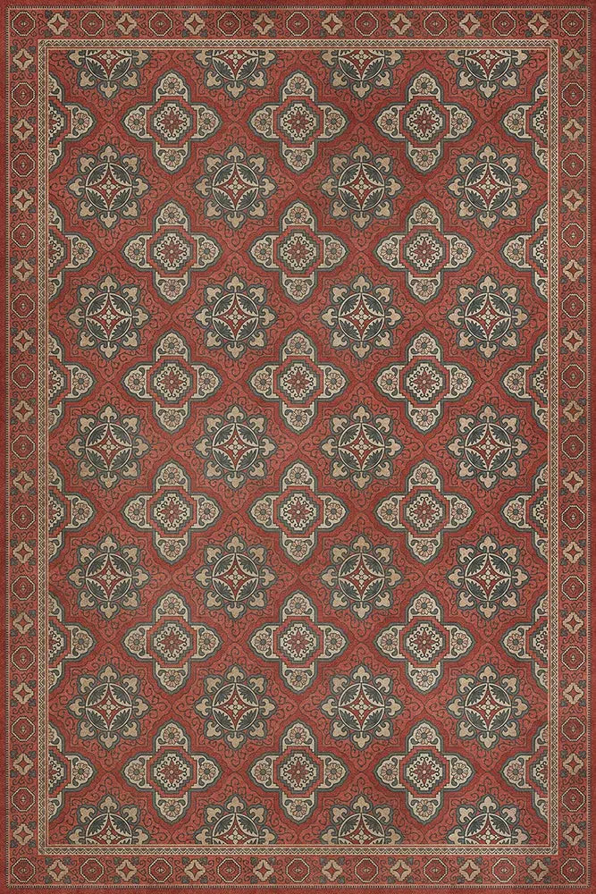 A Colonial Reproduction Floor Cloth with a red background and gray floral-like patterns.