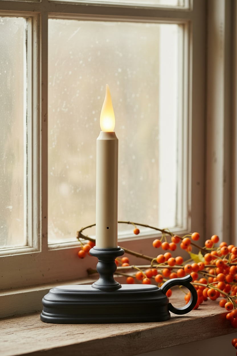 Candle in a black holder on a windowsill with orange berries