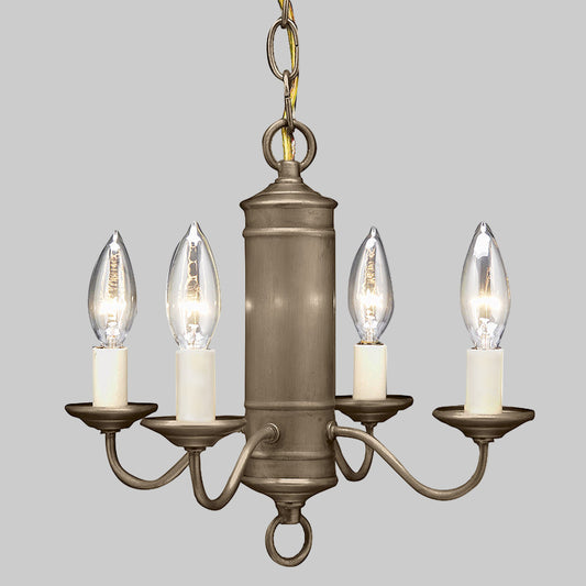 Bronze chandelier with four candle-style lights on a white background