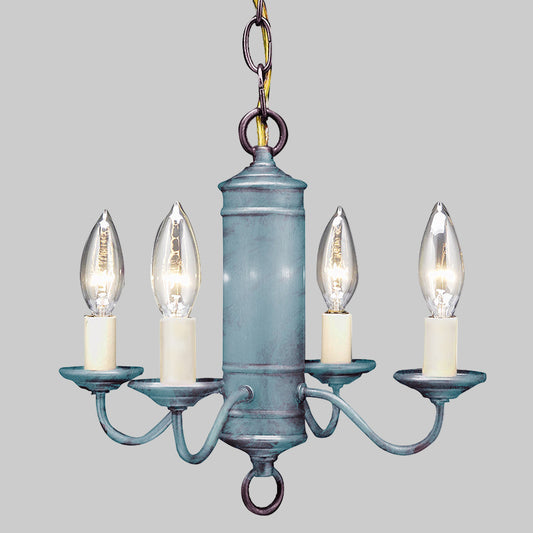Blue chandelier with four candle-style lights on a white background