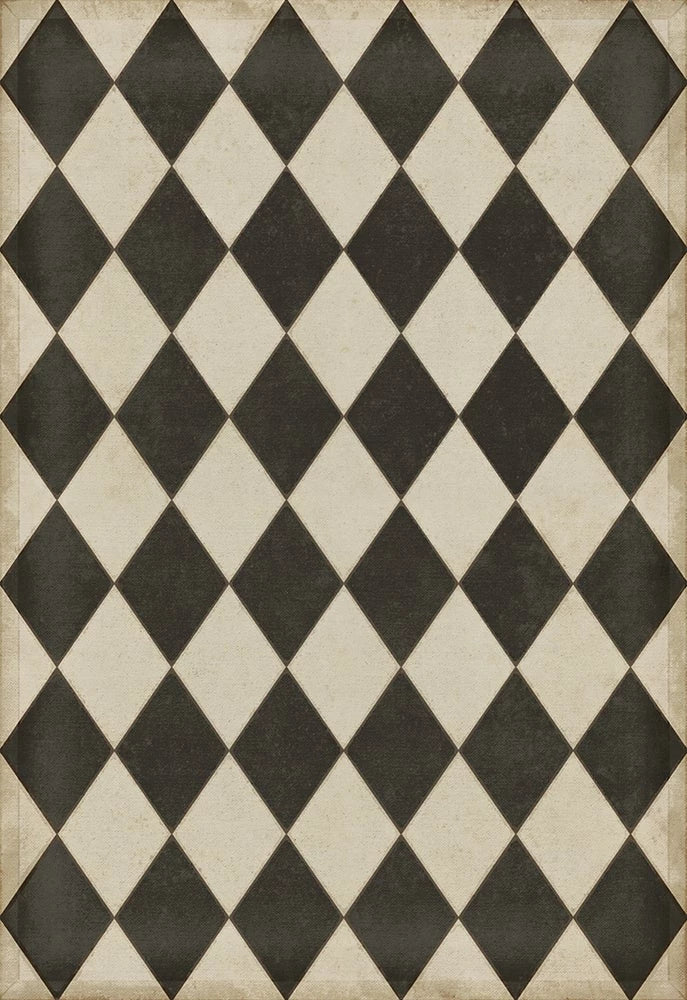 A 24x36 inch vinyl floor cloth with a black and white diamond pattern.
