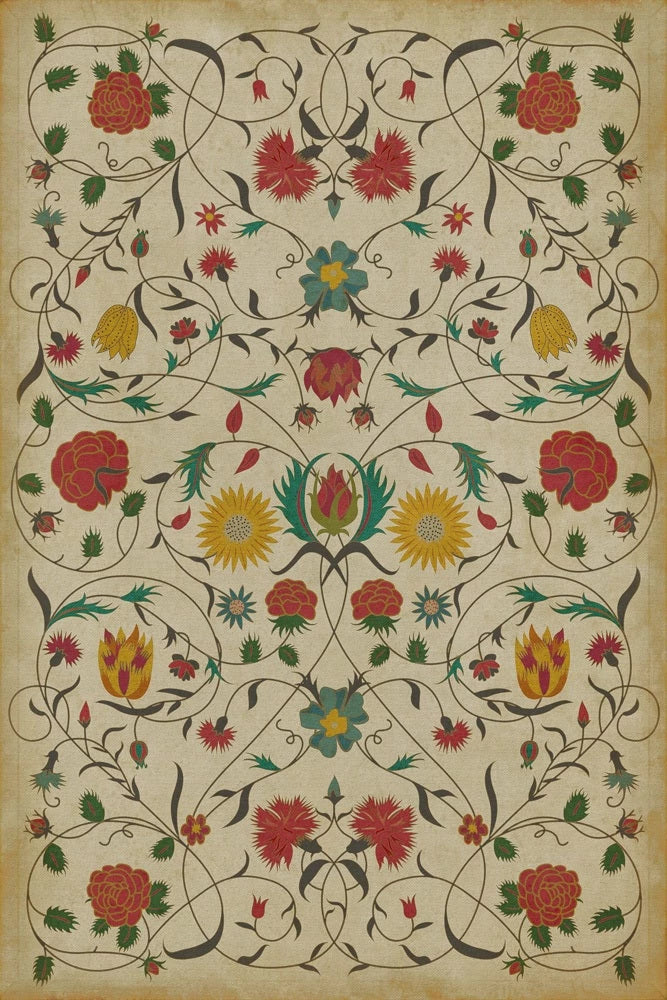 A 24x36 inch vinyl floor cloth with a floral pattern featuring various flowers in red, yellow, and green colors on a beige background.