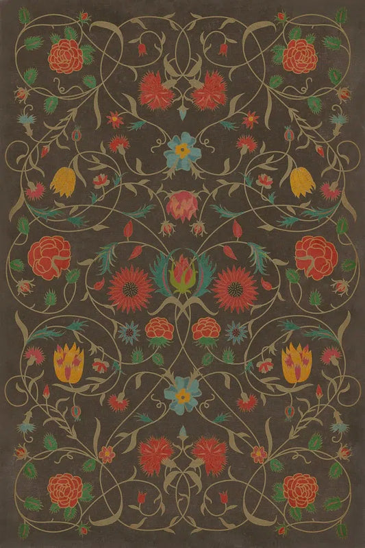 A 24x36 inch vinyl floor cloth with a floral pattern featuring Susannah design.