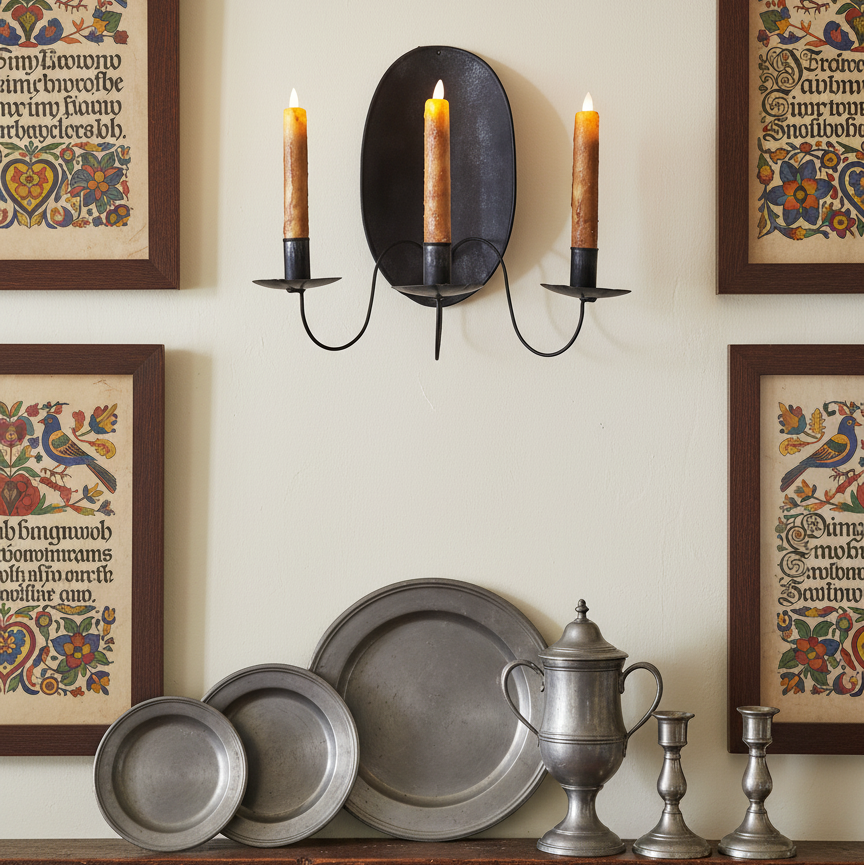 Decorative wall with framed artwork, candles, and metalware on a wooden shelf.