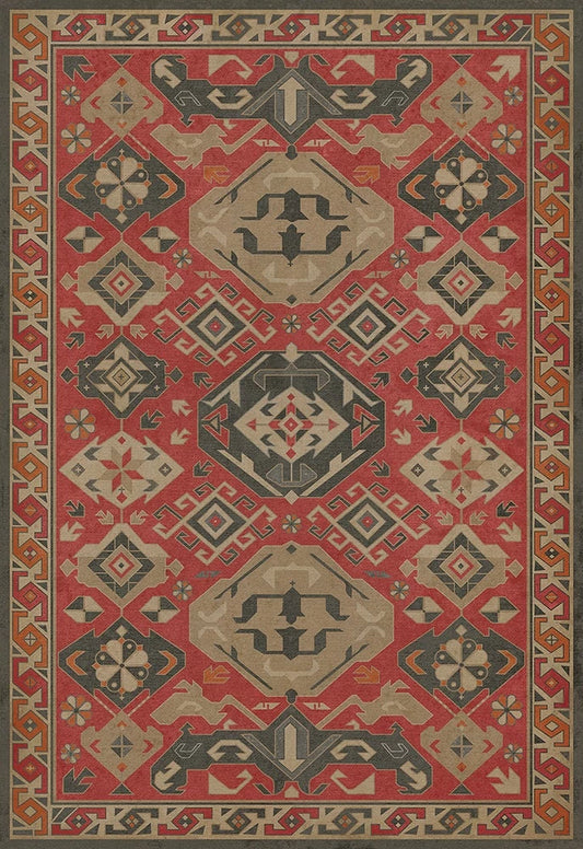 Floor cloth featuring geometric paterns with red, gray and tan tones.