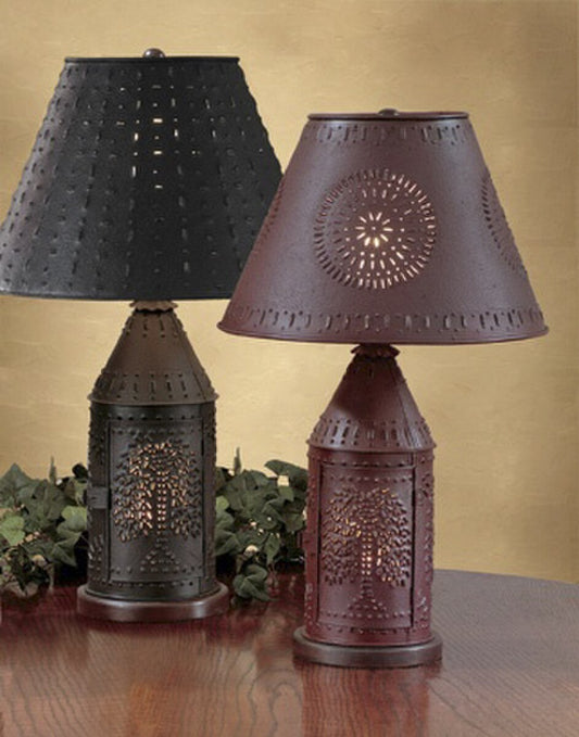 Two decorative table lamps with intricate designs on a wooden surface.