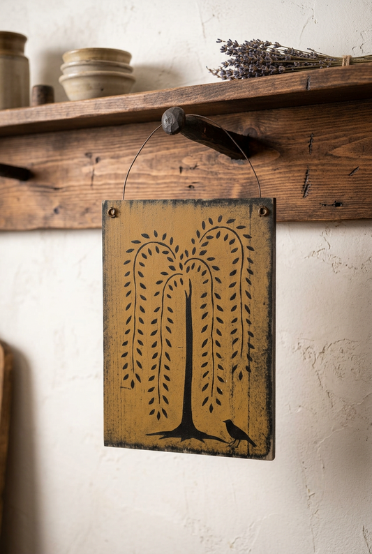 Willow tree wood plaque hanging from peg shelf.