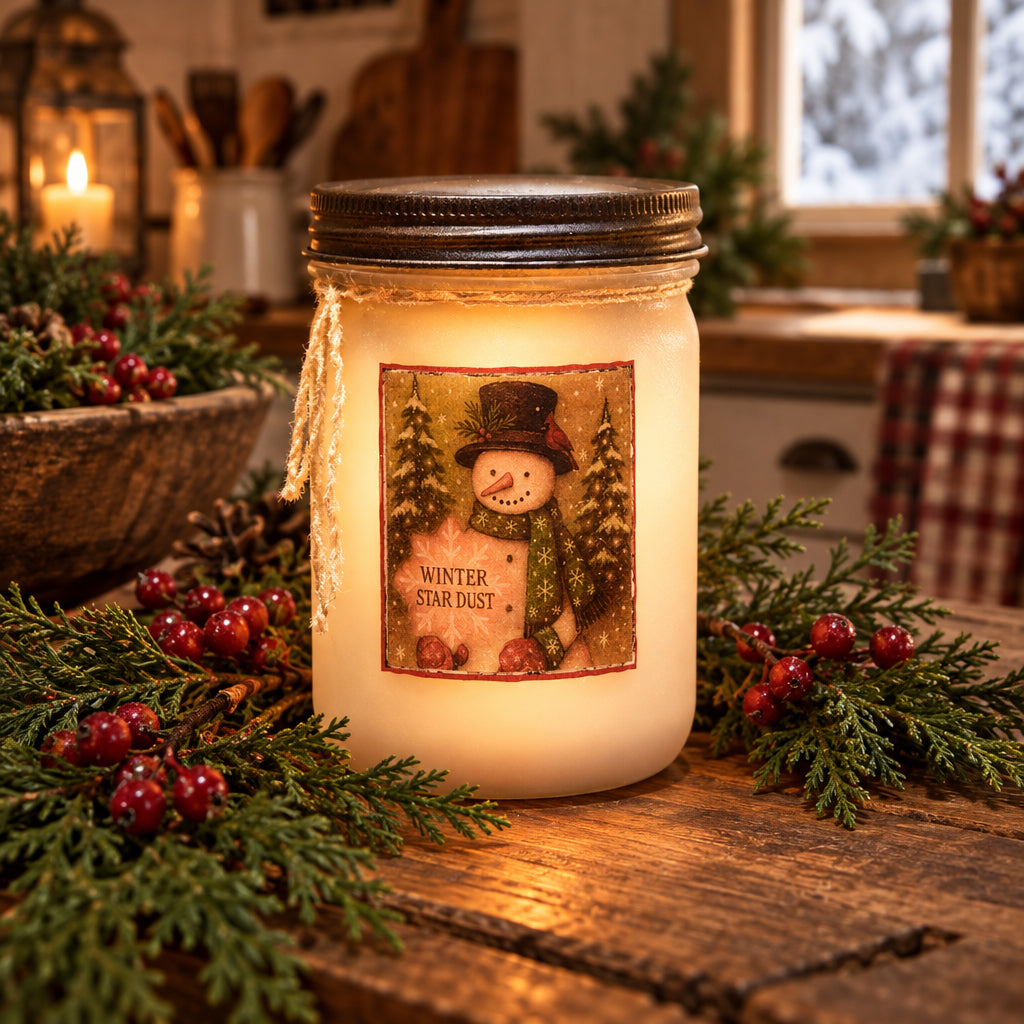 A jar candle labeled 'Winter Star Dust' with a snowman illustration on the front, set on a wooden surface with a blurred winter forest background.