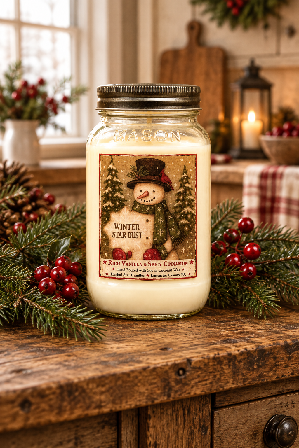 A mason jar candle labeled 'Winter Star Frost' sits on a rustic wooden table surrounded by pine branches, red berries, and holiday decor in a warmly lit indoor setting.