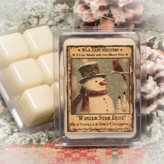 A clear plastic clamshell packet containing six wax tarts with the label 'Winter Star Dust' featuring an illustration of a snowman, a bird, and Christmas-themed decorations.
