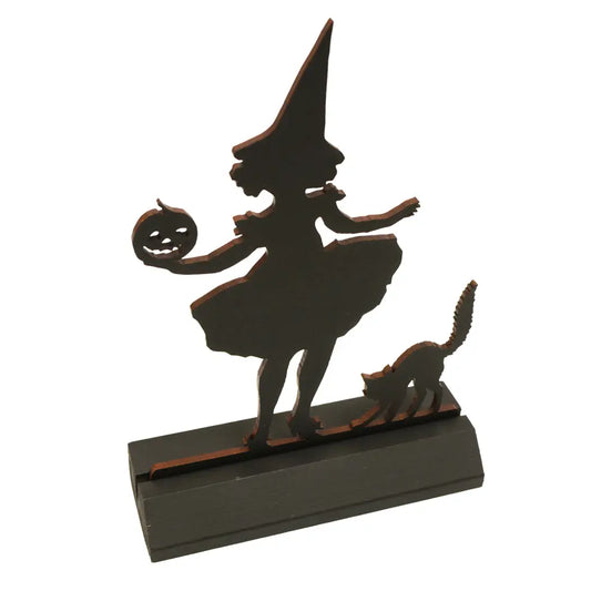 7" Witch w/ Pumpkin Standing Wood Silhouette w/ Base