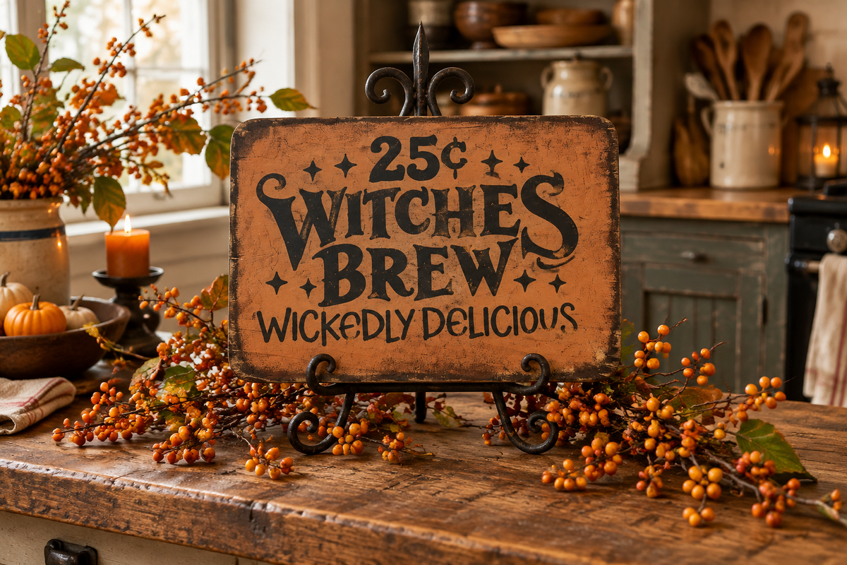 A rustic wooden sign reading "25¢ Witches Brew Wickedly Delicious" displayed on a table in a cozy autumn-themed kitchen setting with berries, candles, and pumpkins.