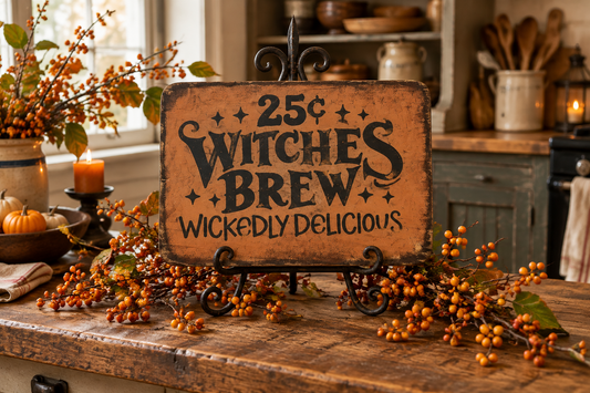 A rustic wooden sign reading "25¢ Witches Brew Wickedly Delicious" displayed on a table in a cozy autumn-themed kitchen setting with berries, candles, and pumpkins.