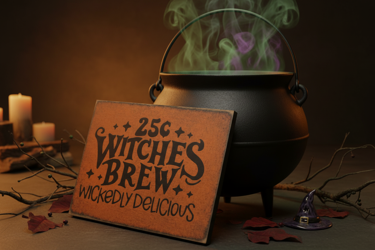 Wooden sign leaned up against a cauldron.