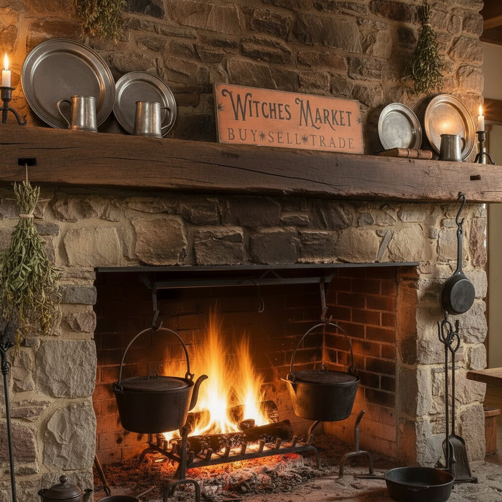 Decorative sign with 'Witches Market' text next to a black box with plants on a wooden surface.