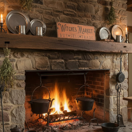 Decorative sign with 'Witches Market' text next to a black box with plants on a wooden surface.