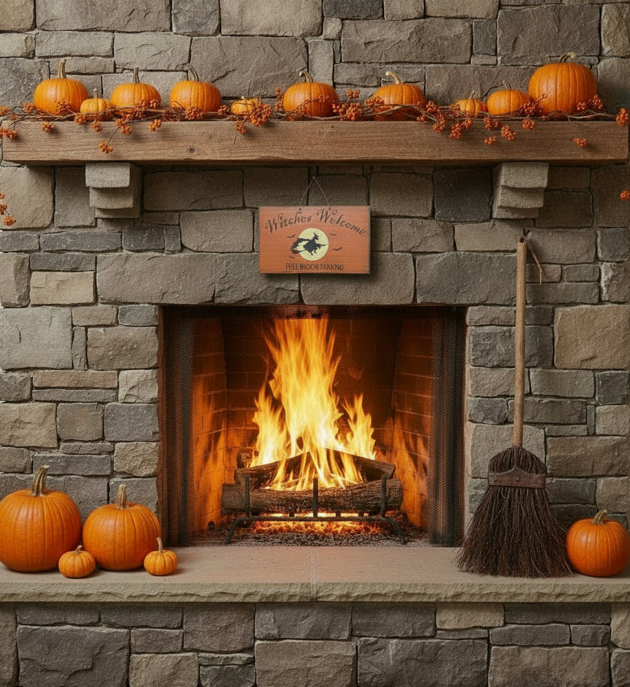 Wooden Halloween sign with 'Witches Welcome' and 'Free Broom Parking' text, placed on a door with a wreath.