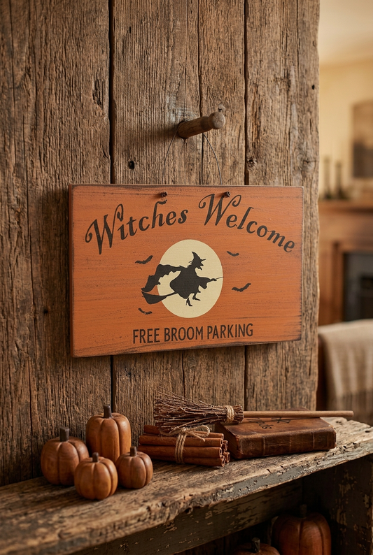 Wood sign that says witches welcome free broom parking with witch and moon in center.