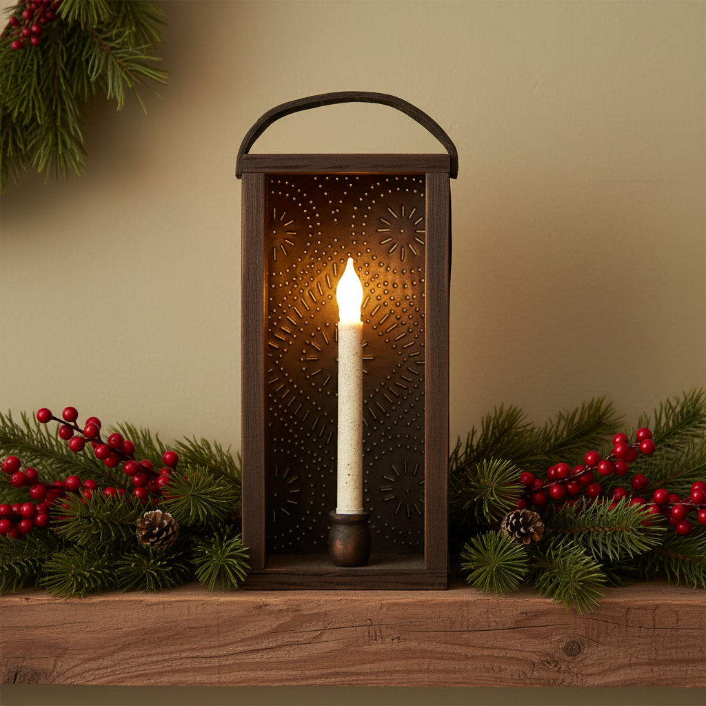 Decorative lantern with a lit candle surrounded by Christmas greenery and berries on a wooden surface.