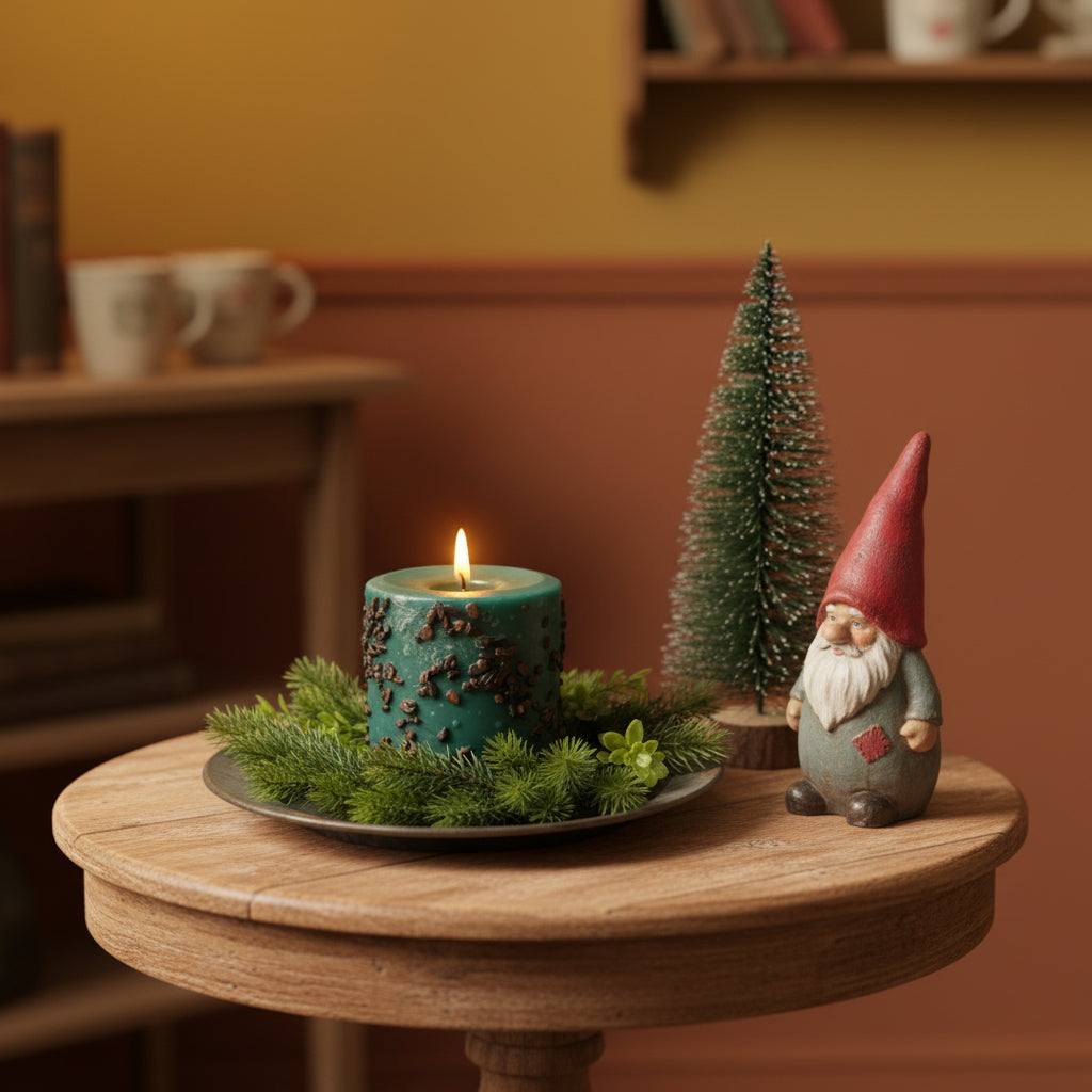 Burning candle on table with bottle brush tree and gnome in a room setting.