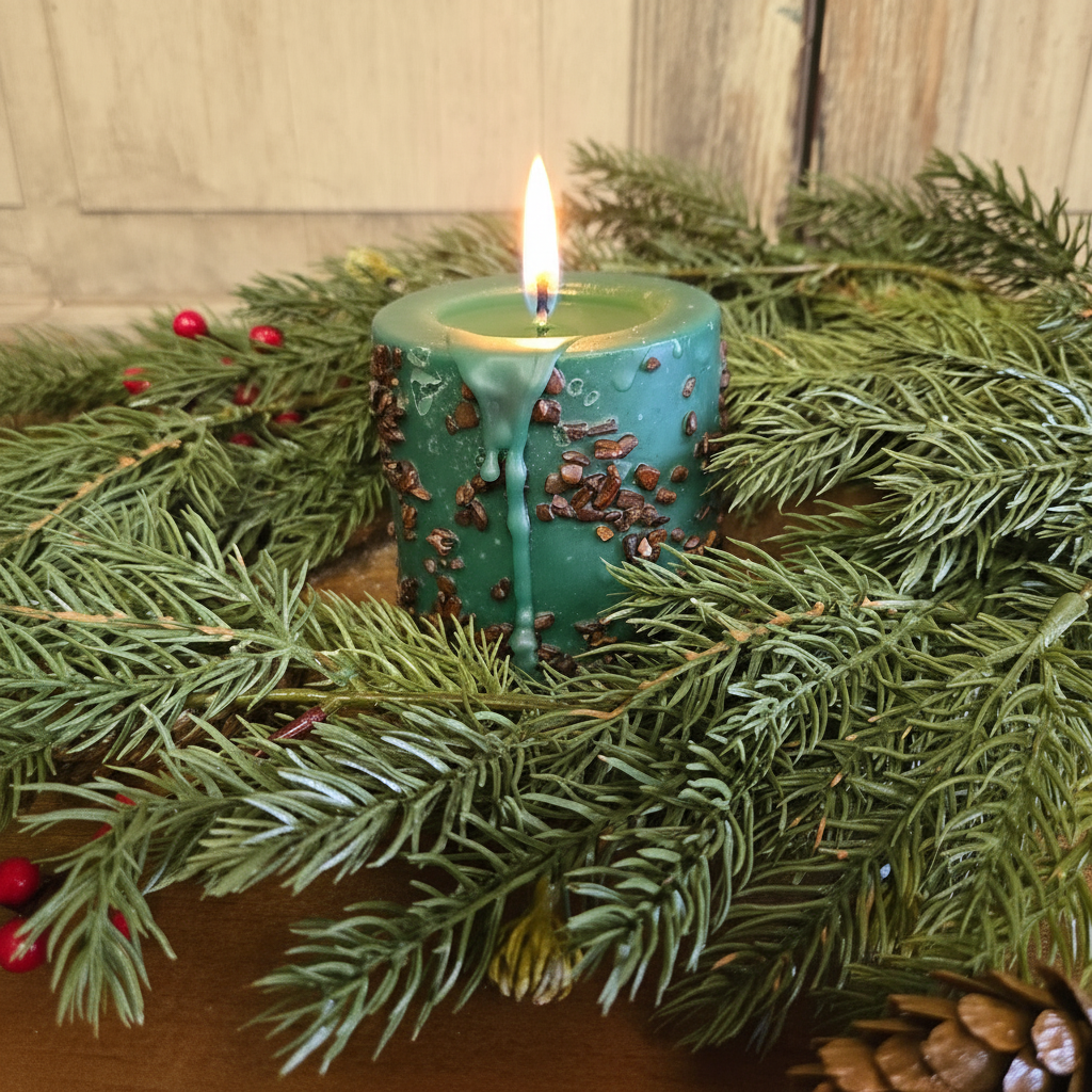 Green candle with decorative elements on a bed of greenery