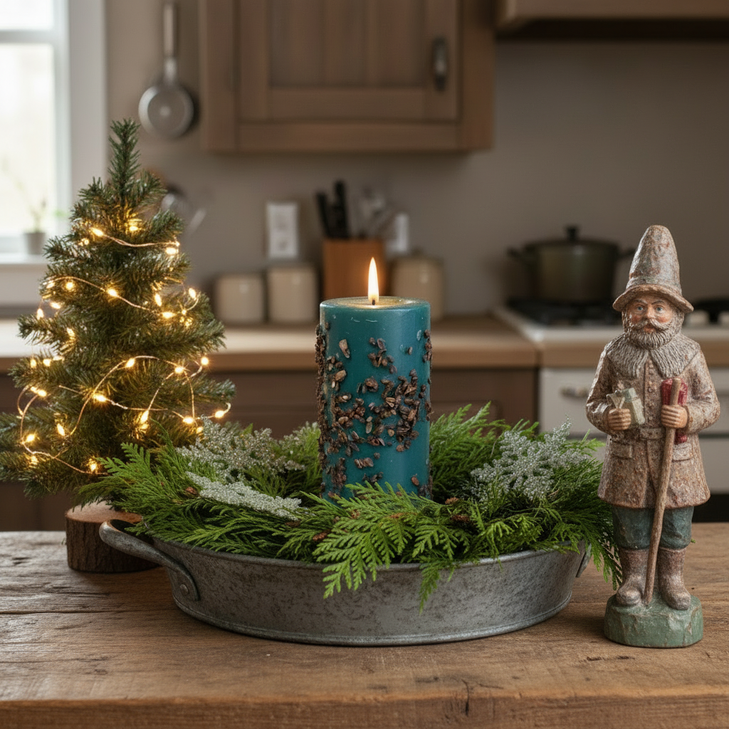Decorative setup with a small tree, candle, and figurine on a kitchen counter.