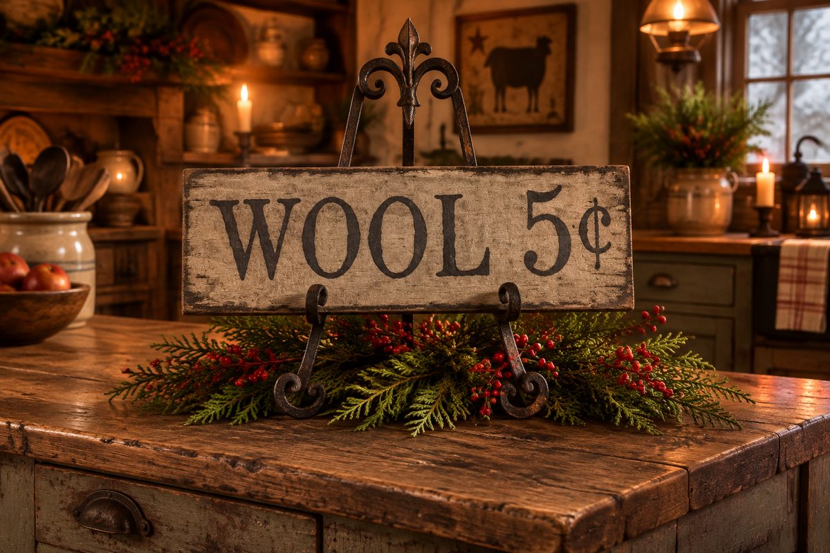 Wool 5 Cents Primitive Wood Sign