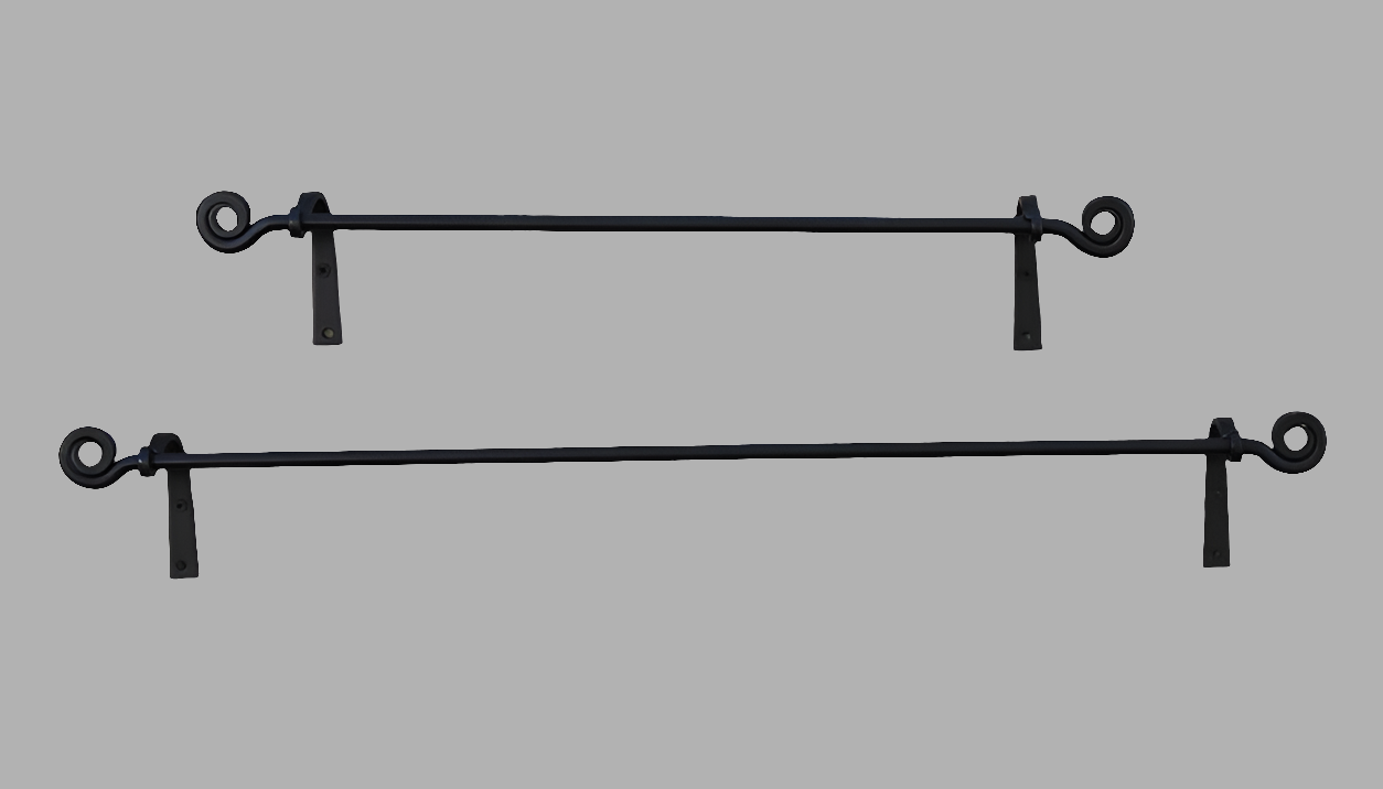 Two black wrought iron towel bars with mounting brackets, set against a grey background.
