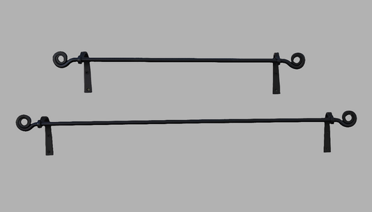 Two black wrought iron towel bars with mounting brackets, set against a grey background.