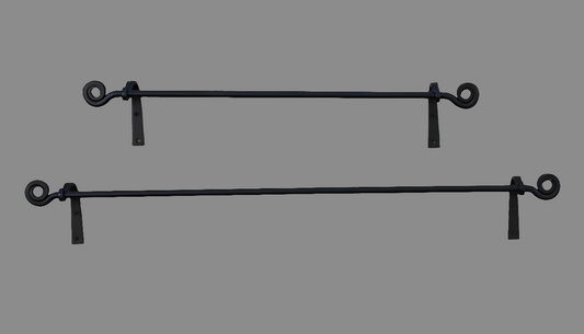 A 24 inch wrought iron towel bar with a black powder-coated finish, featuring a slightly glossy appearance. The towel bar is displayed in a curved position, showing the loops at each end for hanging.