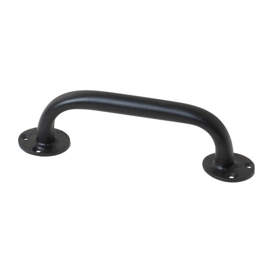 A wrought iron cabinet pull handle with a matte black finish, featuring a traditional, rustic design.