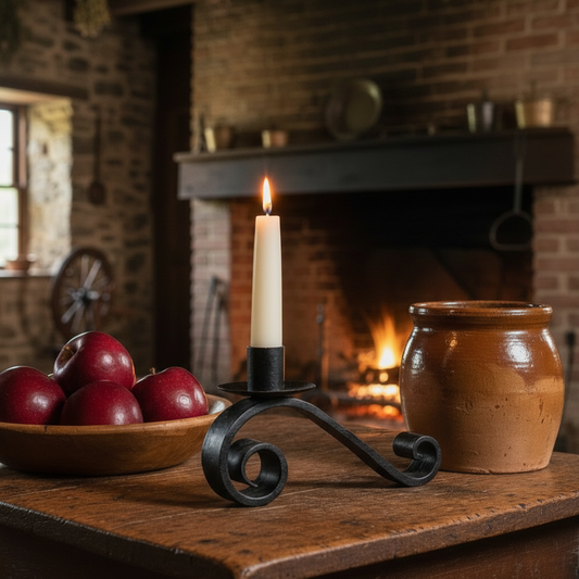 Candle on a wrought iron holder with apples and a jar on a wooden table in front of a fireplace.