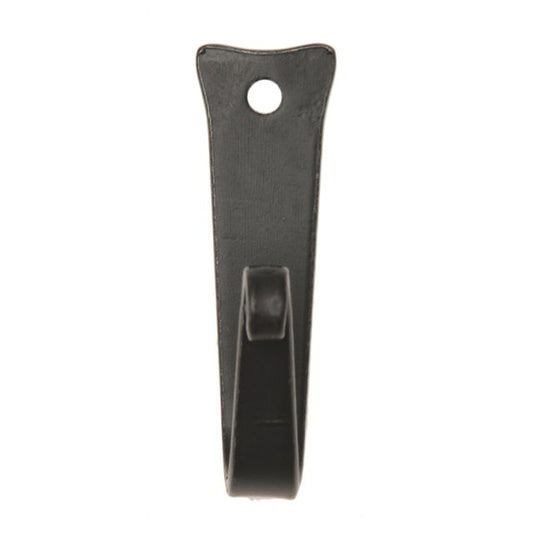 A black wrought iron J hook with a screw hole in the top center, designed for hanging pans in the kitchen.