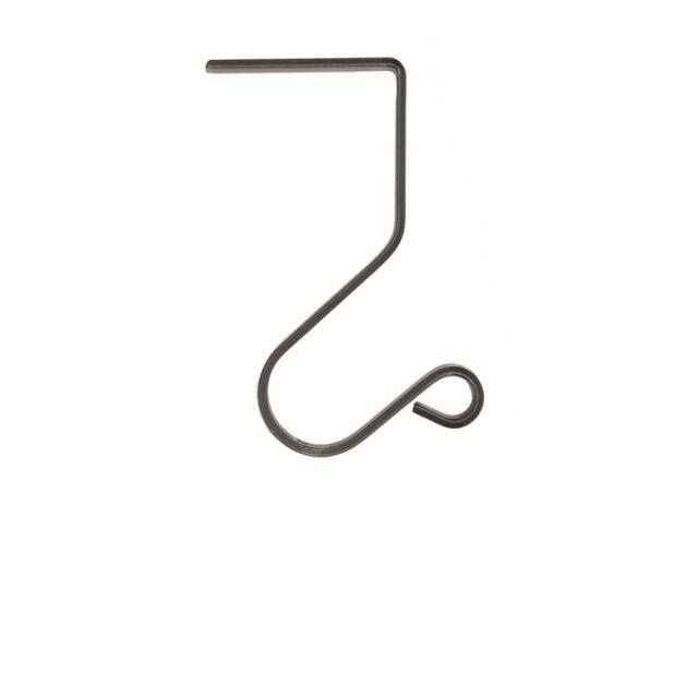 A wrought iron medium mantle hook designed to hold stocking on a mantle, with a curved shape and a solid gray finish.