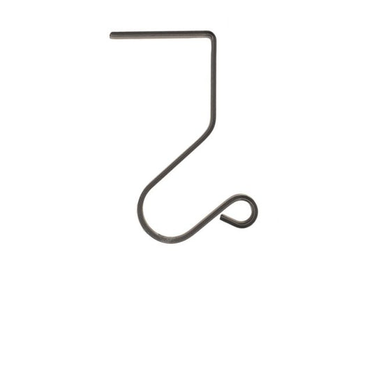 A wrought iron medium mantle hook designed to hold stocking on a mantle, with a curved shape and a solid gray finish.