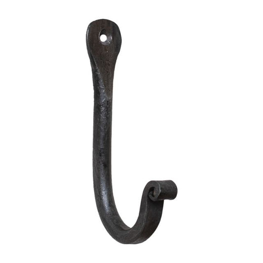 A wrought iron wall hook with an antique finish, designed for hanging items such as hats or towels.