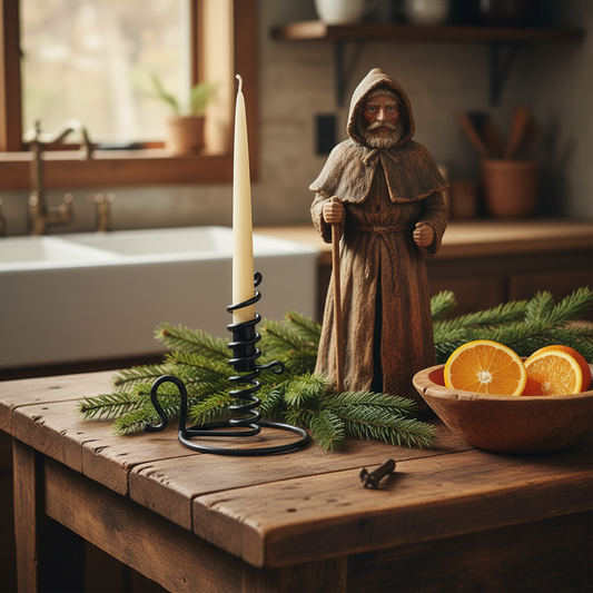 Wooden table with a candle, figurine, and bowl of oranges in a kitchen setting